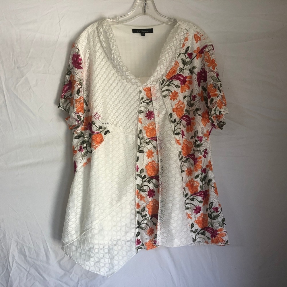 Calesaa Plus Size 3X Floral Embroidered Lace Tunic Top White Orange Boho V-Neck